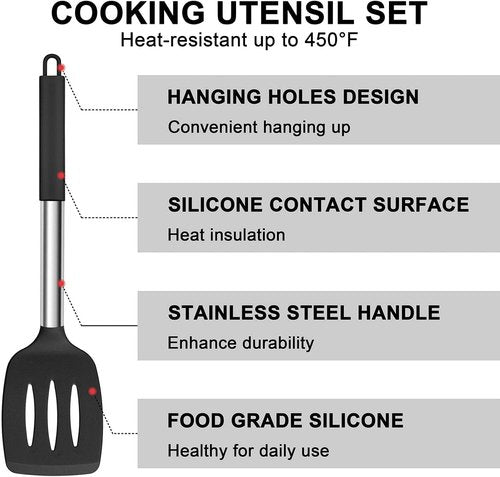 E-far Silicone Cooking Utensils Set - 7 Heat Resistant Kitchen Tools with Stainless Steel Handles | Black