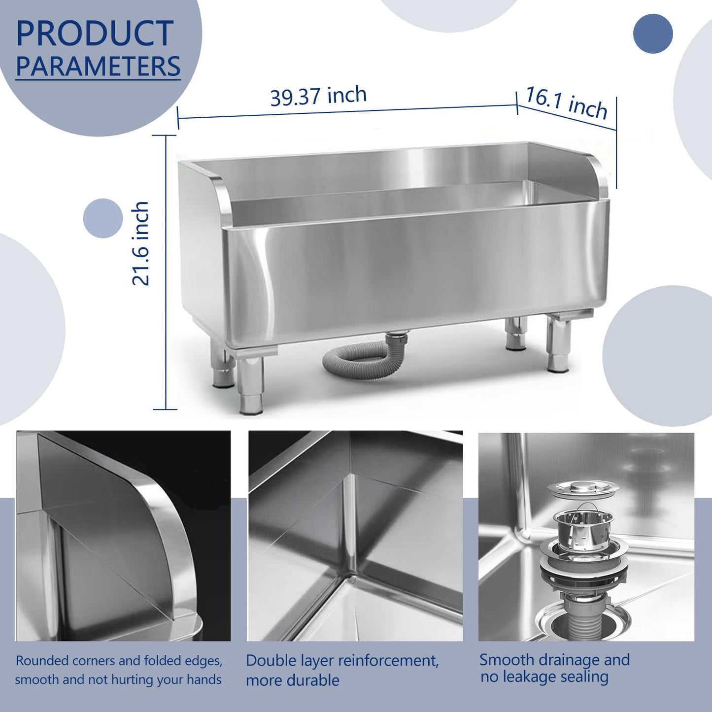 Stainless Steel Mop Service Basin，Floor Mount Mop Sink，Mop Cleaning Sink，Vertical industrial sewage tank for balconies, laundry rooms, industries, etc（39.37”×16.1”×21.6”)