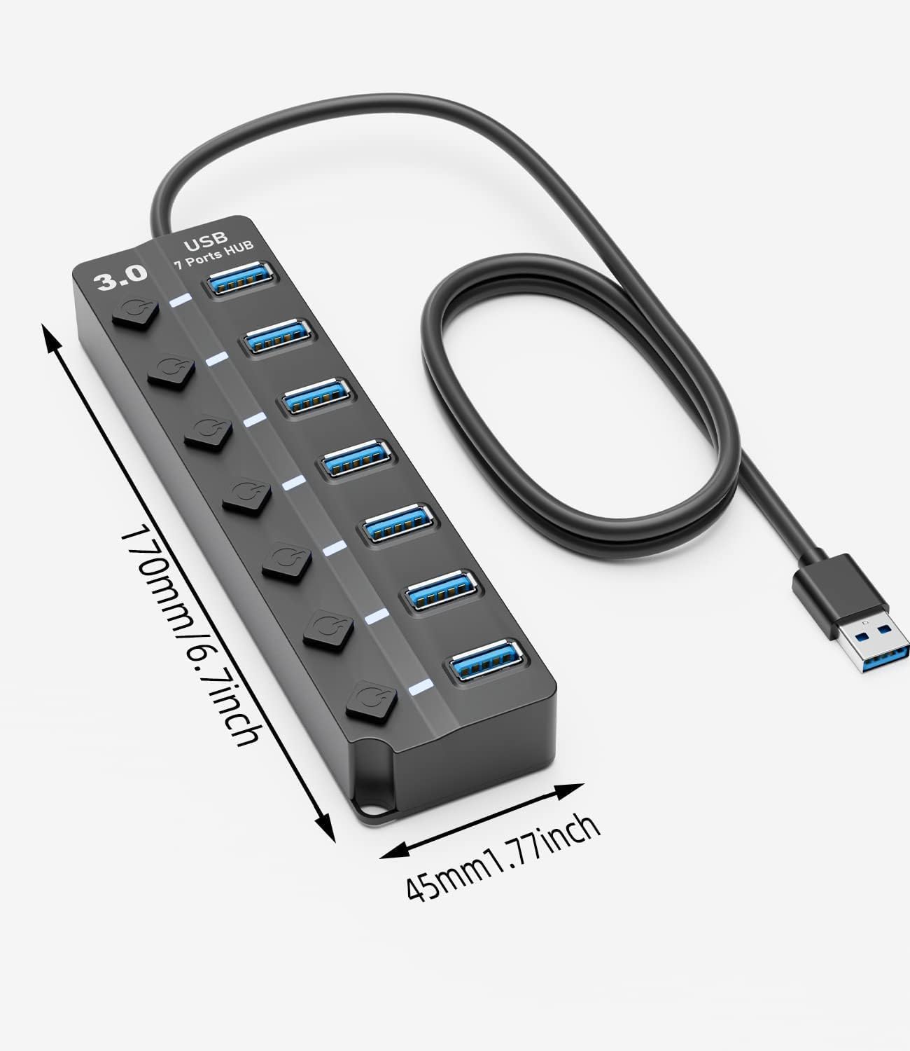 SNLLMZI 7-Port 3.0 4ft/1.2m Pro,PS4/5,Flash USB Hub for Laptop, USB Hub Splitter with Individual On/Off Switches