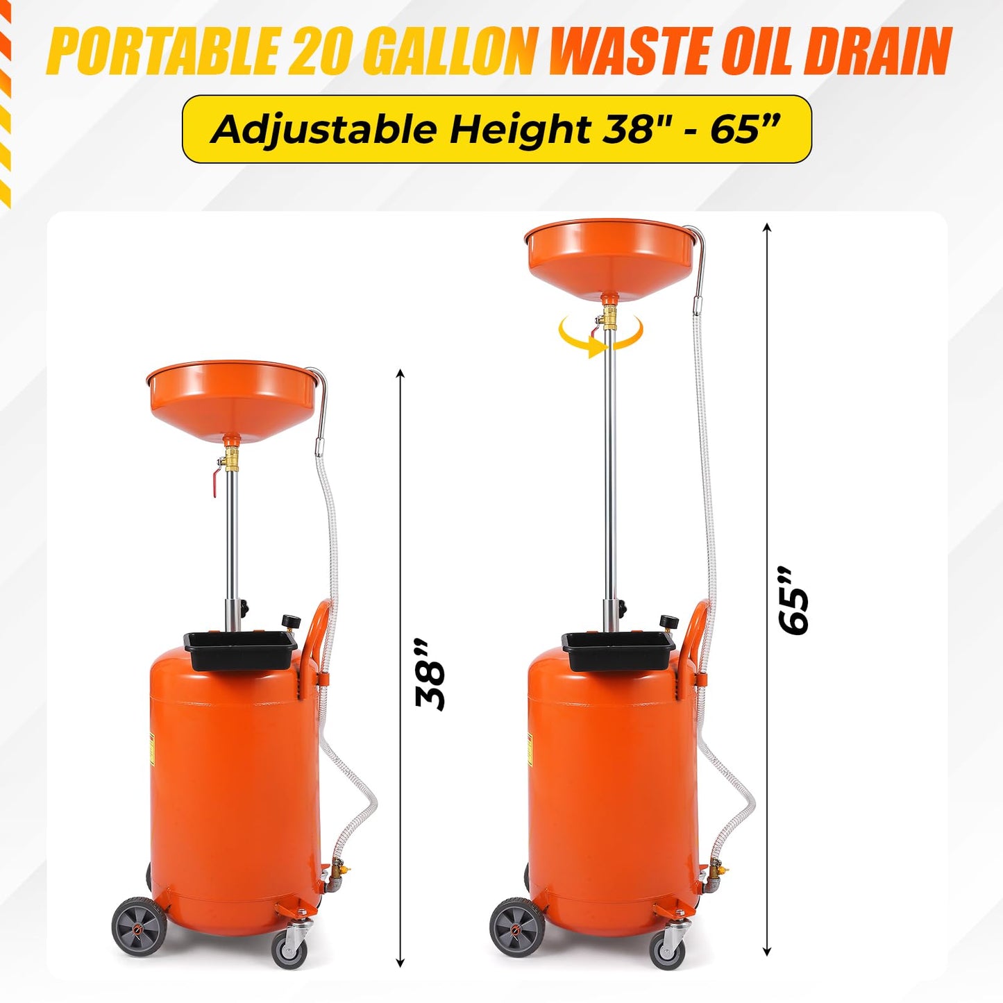 20 Gallon Waste Oil Drain Tank, Portable Air Operated Drainer With Adjustable Funnel Height 38"-65", Portable Oil Drain Container,15" Funnel Fluid Fuel Transfer Drainage With 360° Wheels & Toolbox