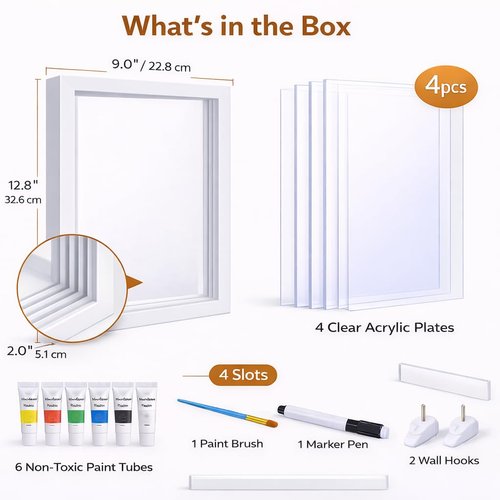 Family Handprint & Hand Casting Kit – DIY Craft Keepsake with Wooden Frame, Non-Toxic Paints, Baby Footprin Kit – Perfect Gifts for Grandparents, New Parents & Families (White, 4 Transparent Sheets)
