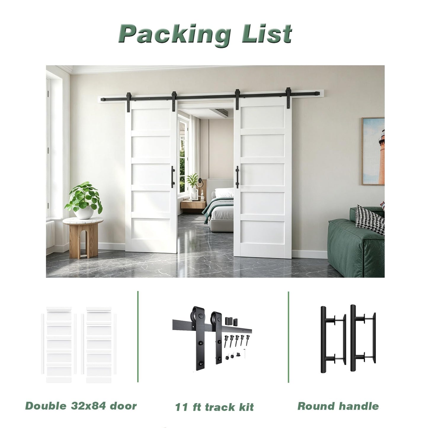 FREDBECK White Barn Door 64x80 (Double 32in x 80in) with Hardware Kit & Handle Included,5-Panel Interior Doors,Water-Proof PVC Surface,Pre-Drilled Holes,Need Assembly