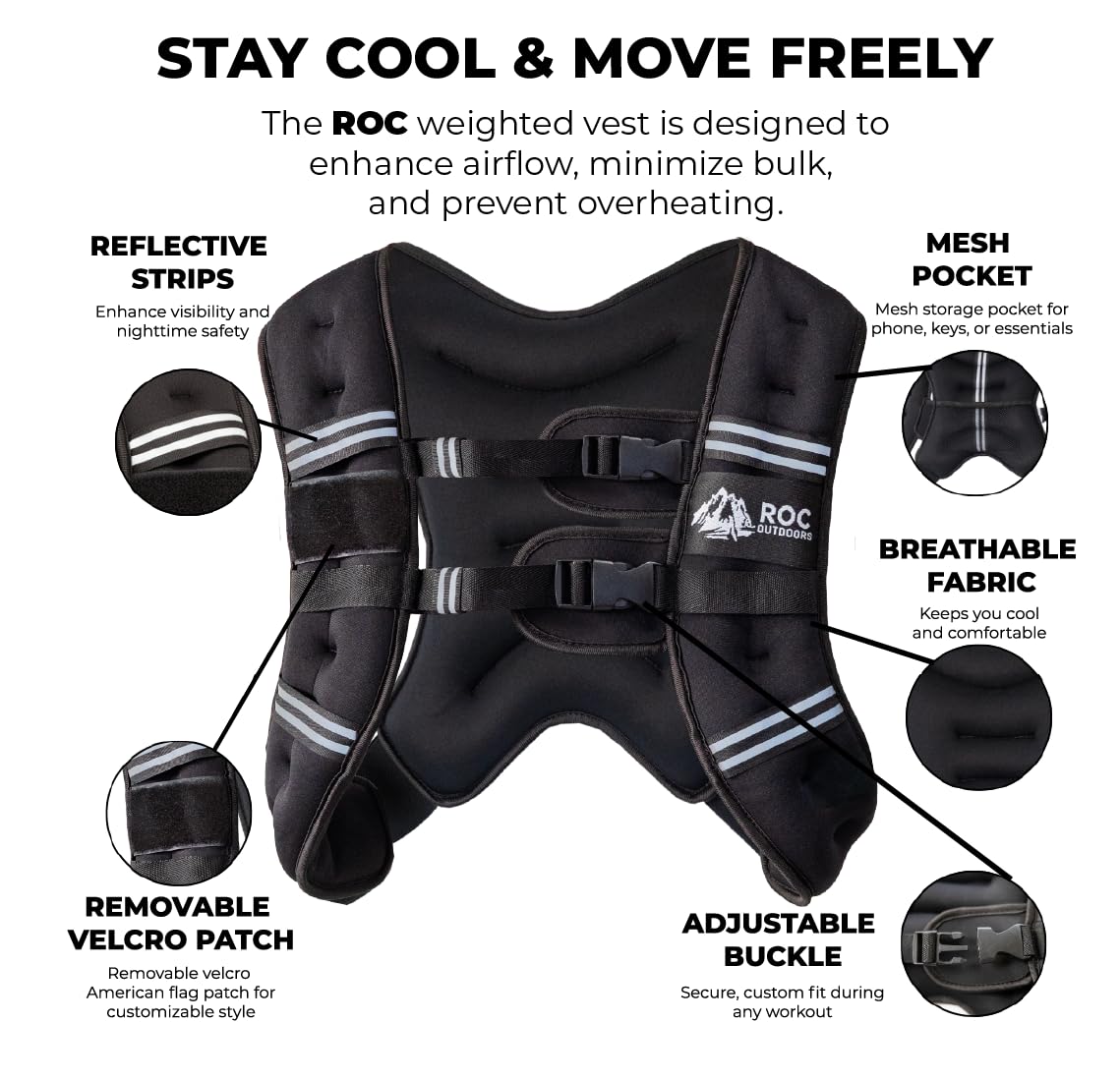Roc Outdoors Weighted Vest W/ Rub-Free Technology for Woman and Men, 5lb/10lb/15lb/20lb/30lb Weight Vest with Reflective Stripe for Workout, Strength Training, Running, Walking, Fitness, Weight Training, Weight Loss, Weightlifting (Black, 5lb)