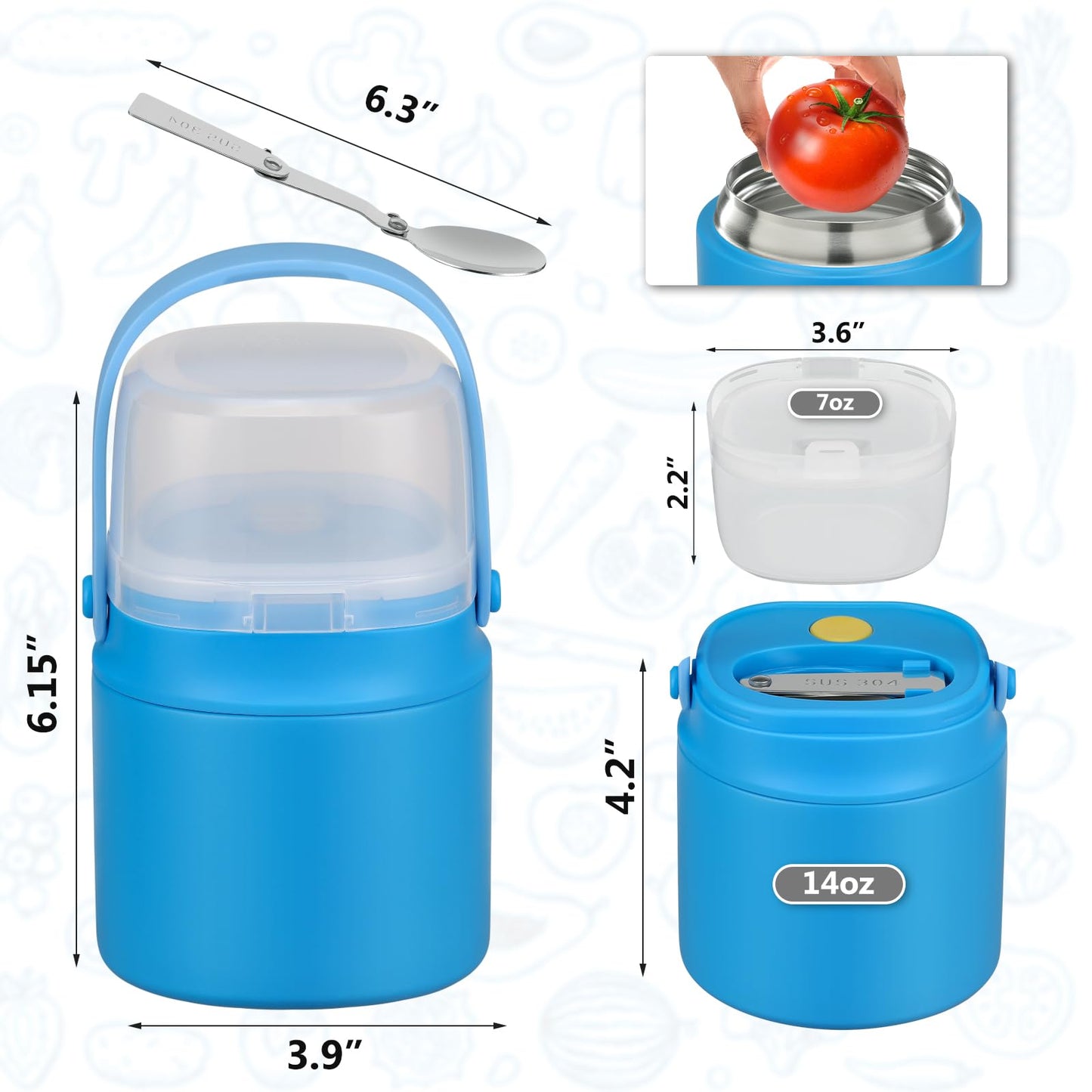 14 oz Soup Thermo for Hot Food with 7 oz Snack Container, Leak-Proof Insulated Lunch Container Kids and Adults, Stainless Steel Double Wall Vacuum Wide-mouth Thermal with Spoon and Handle-Blue