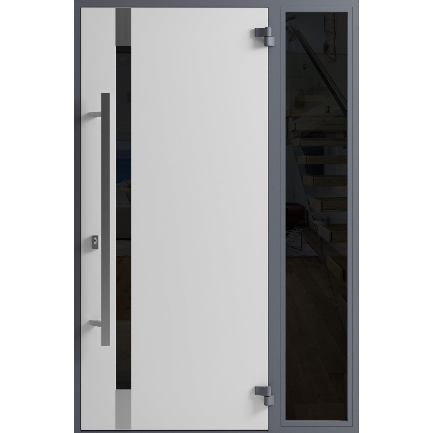 VDOMDOORS Front Exterior Prehung Steel Door/Ronex 1011 Grey/Side Exterior Window Sidelite/Stainless Inserts Entry Metal Modern Painted W36+12" x H80 Left Hand Inswing
