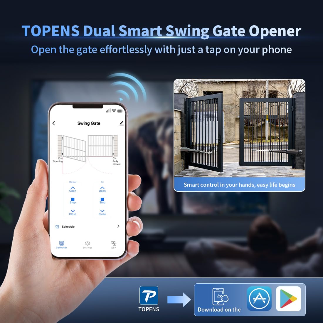 TOPENS XD552 Smart Gate Opener for Medium Duty Dual Swing Gates Up to 18ft per Arm, Automatic Gate Opener with App Control AC Powered Remote Control Kit Solar Compatible