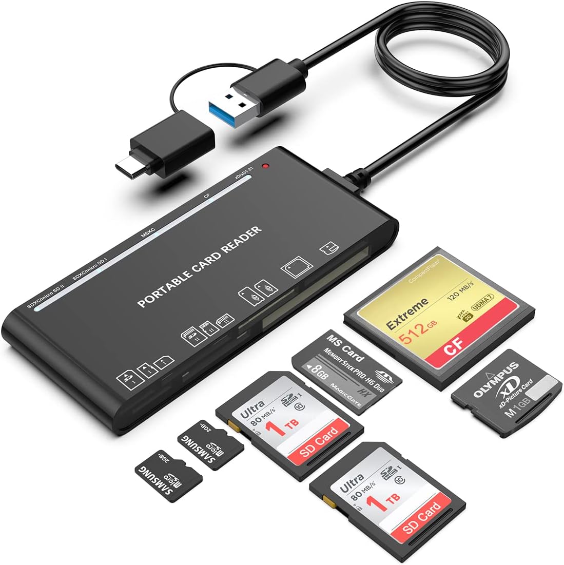Rocketek USB3.0 7 1 USB C Multi Card Reader for SD, CF, Micro SD, XD, MS Cards - in Adapter Hub for Windows, Mac