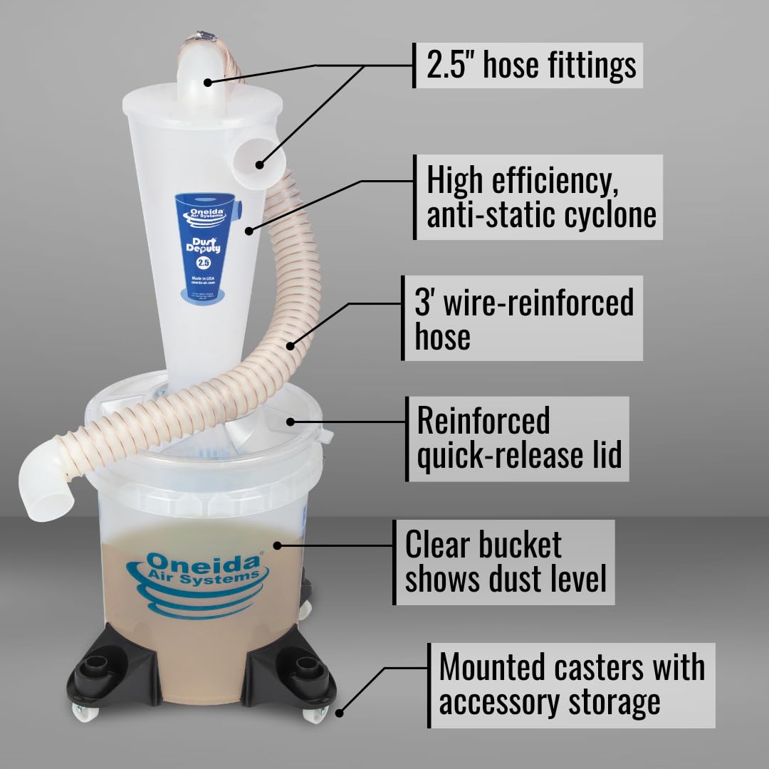 Oneida Air Systems Dust Collector & Cyclone Separator Kit w/ Clear Bucket, 2.5 Deluxe 5-Gal - Portable Cyclone Machine for Wet and Dry Shop Vacuums