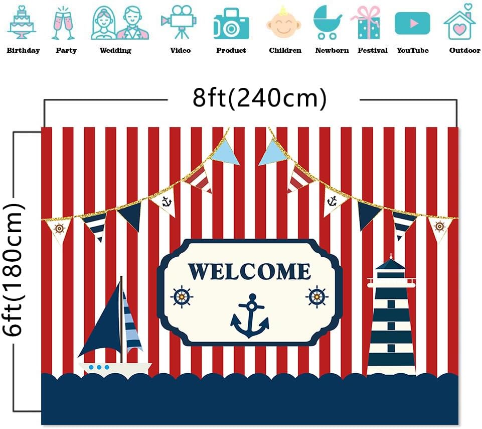 Fanghui 8*6ft Nautical Theme Party Photography Backdrop Red White Striped Marine Voyage Boat Background Decoration Kids
