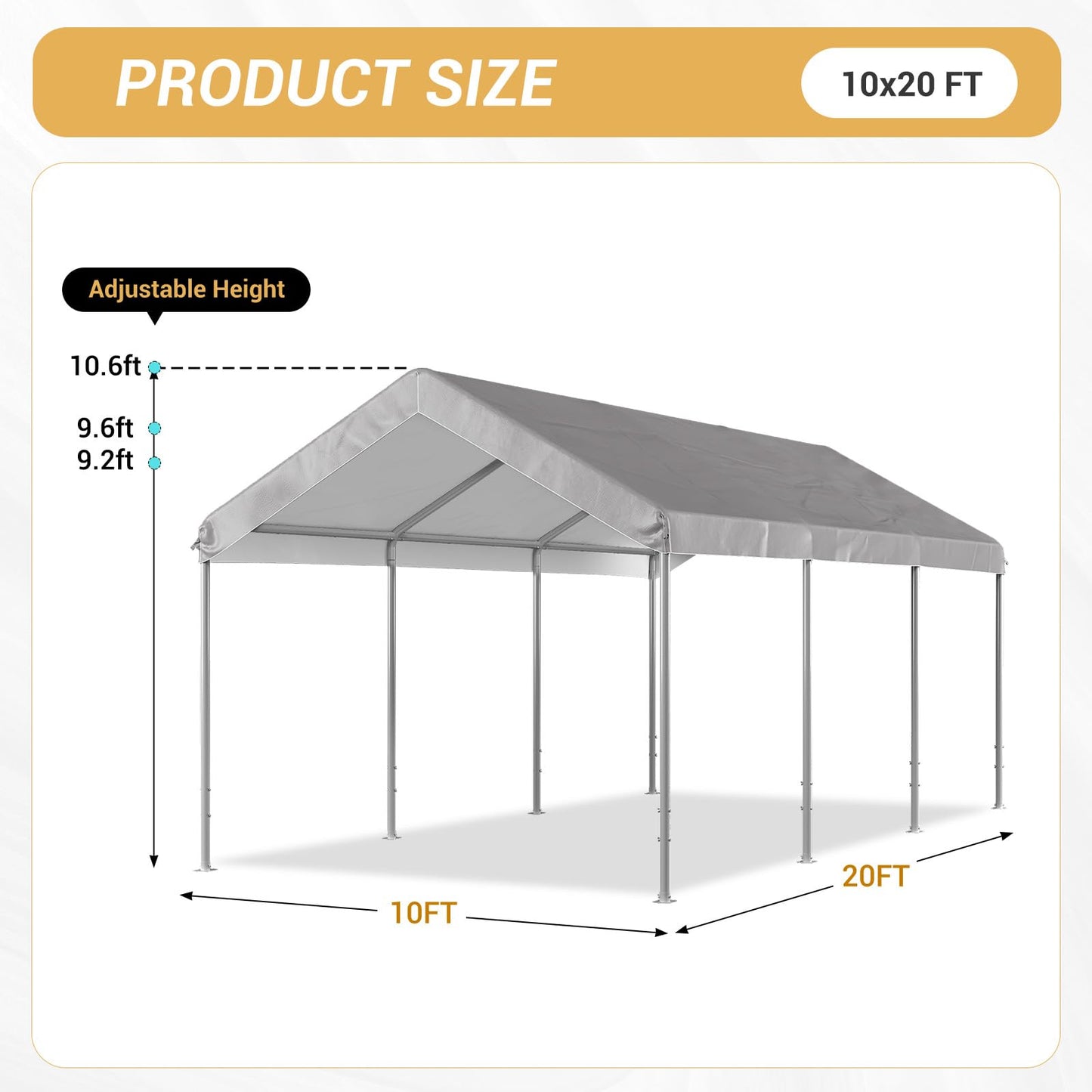 Aoxun Carport 10x20 ft Heavy Duty Carport Canopy, Adjustable Height Potable Car Canopy for Cars, Boats, Trucks, Outdoor Carport Shelter Portable Garage with Reinforced Frame, Gray