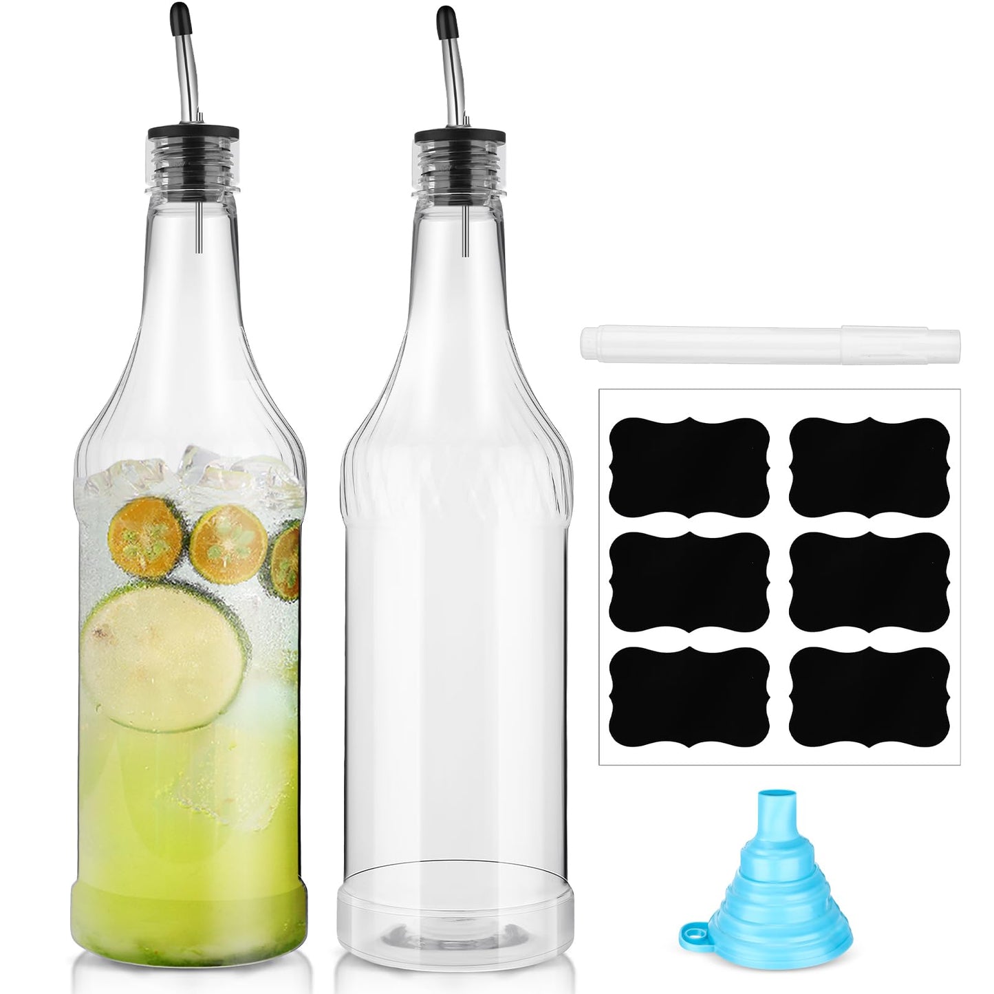 Dandat 32 oz Plastic Long Neck Bottles with Pourer and Caps Plastic Juice Pour Bottles with Stainless Steel Pourer Tapered Spout for Liquor Juice(Silver,4 Pcs)