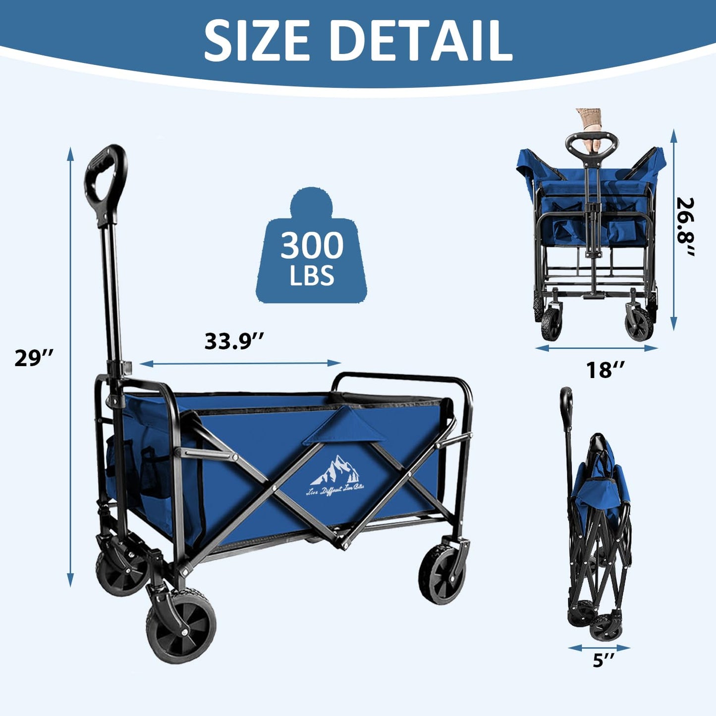 SAILARY Collapsible Utility Cart Folding Wagon, 320lbs Capacity Lightweight Rolling Cart with Quiet Wheels, Quick-Fold Design for Camping, Shopping, Ourdoor Use, Blue