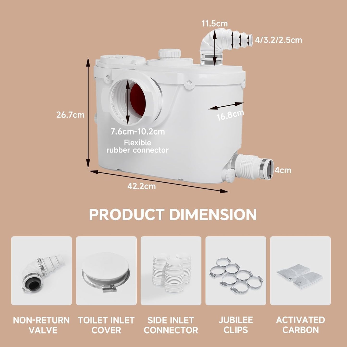 Macerator Pump with 4 Inlets - 23ft Upflush Sewage Grinder System for Toilet, Sink, Shower & Laundry, Quite Copper Motor & Odor Control, Ideal for Basement, Garage, Dorm, Wet Bar (110V, 140°F Max)