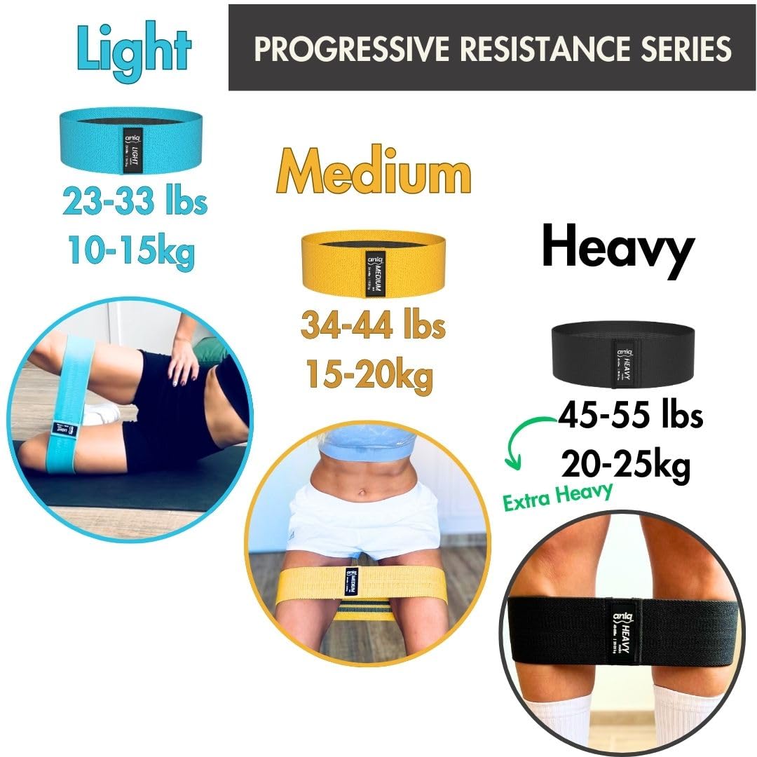 ANIQ® Fabric Resistance Bands – Non-Slip Booty Bands Set – 3 Levels for Legs, Glutes & Physical Therapy – Washable Cloth Loop Workout Exercise Equipment with Carry Bag, Headband for Pilates & Yoga
