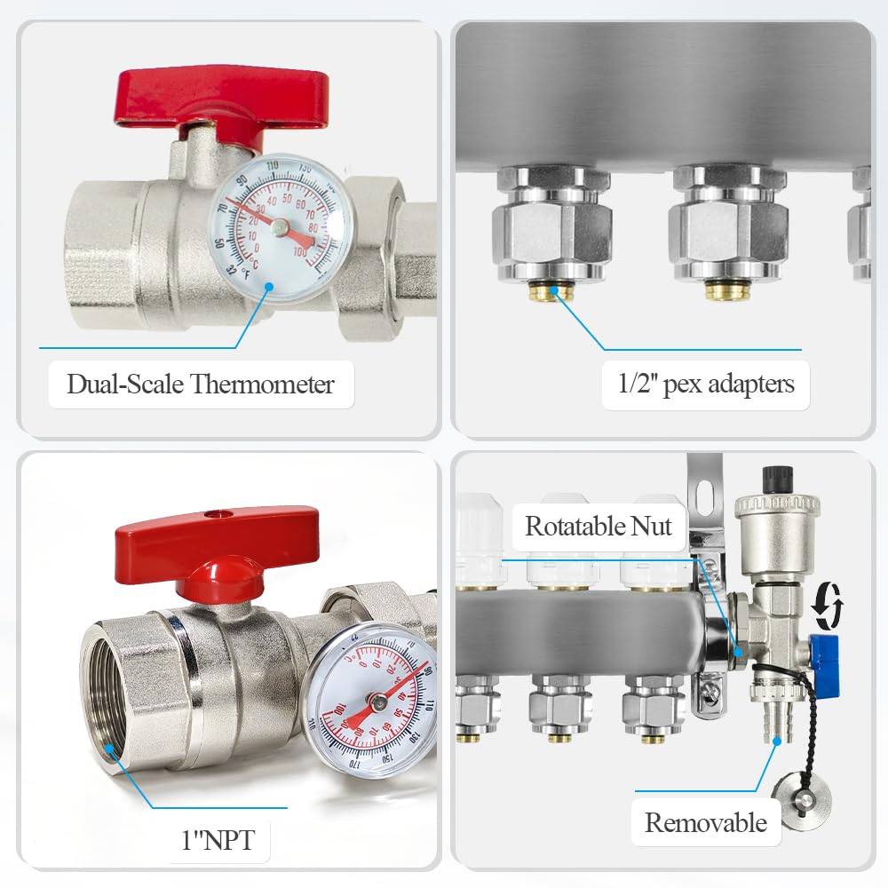 AB 4 Loop PEX/Radiant Manifold, 1/2 Inch Compatible Outlets, Up to 1.3 GPM Flow Valve for Hydronic Radiant Floor Heating(1/2" Connectors Included)