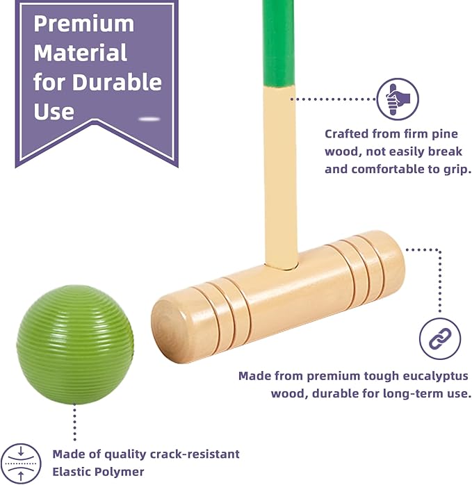 ApudArmis 32In Six Player Croquet Set with Deluxe Premiun Pine Wooden Mallets,Colored Ball,Wickets,Stakes - Lawn Backyard Game Set for Adults/Teens/Family (Large Carry Bag Including)