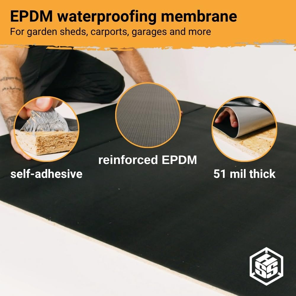 HSS EPDM Waterproofing Membrane EasyStick - 52 Mil - Reinforced - Waterproof - self-Adhesive - Longlasting flatroof Sheet - Black - 39 inch x 16 feet
