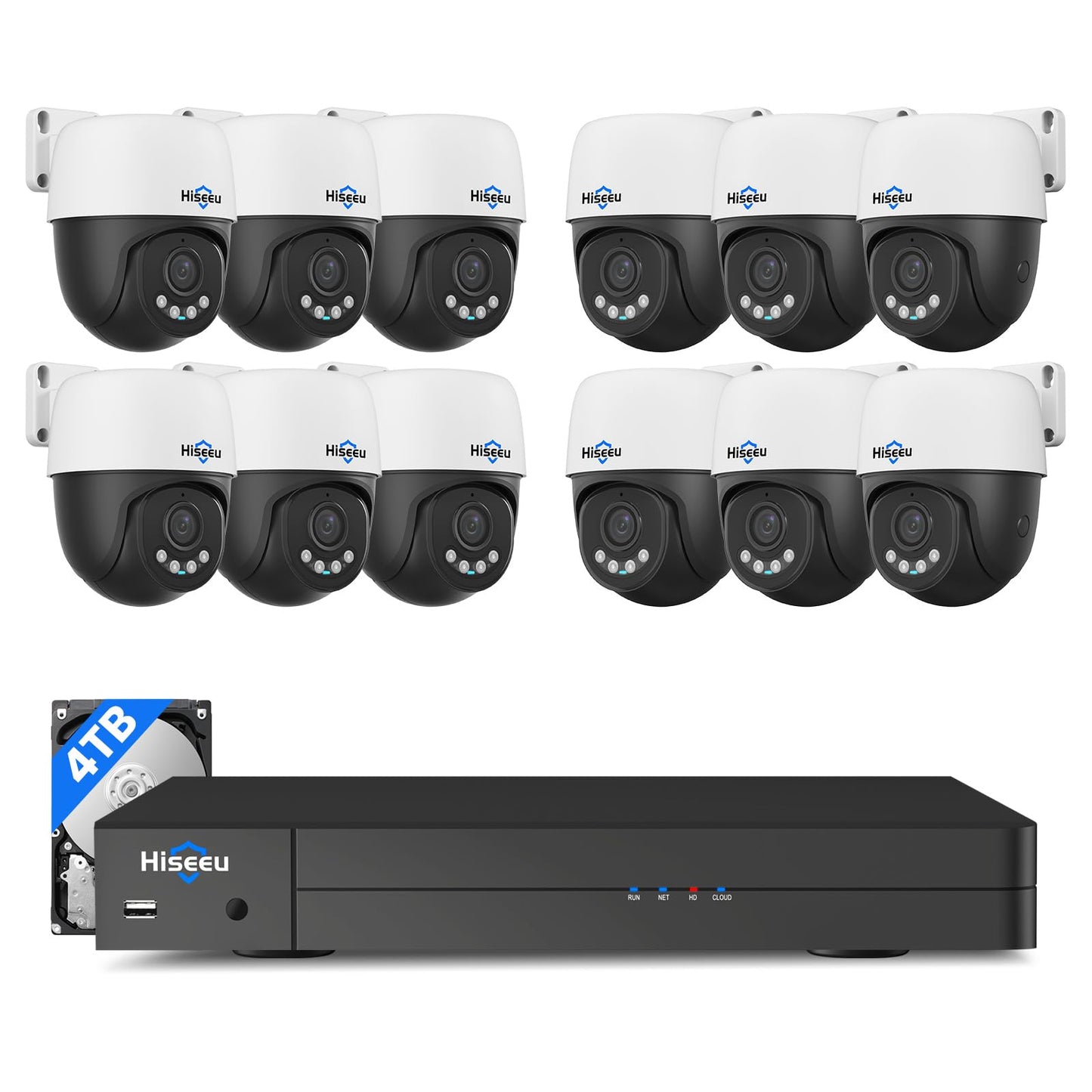 【360°View】 Hiseeu 12MP NVR 12 Pcs 5MP PoE PTZ Cameras, 350°Pan 90° Tilt，Auto Human Tracking, Human Vehicle Detect, 2 Way Audio, 7/24 Record&Playback，4TB HDD for Home Surveillance Outdoor Indoor
