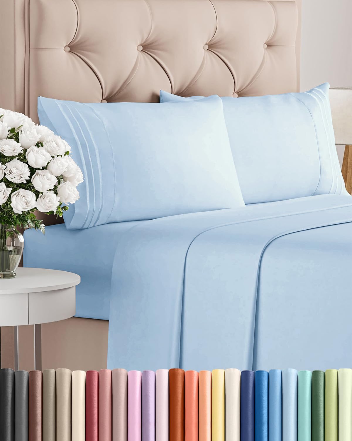 Queen Size 4-Piece Sheet Set | Skiennix Comfy Cooling Bed Sheets - Hotel Luxury, Soft & Wrinkle-Free - Light Blue