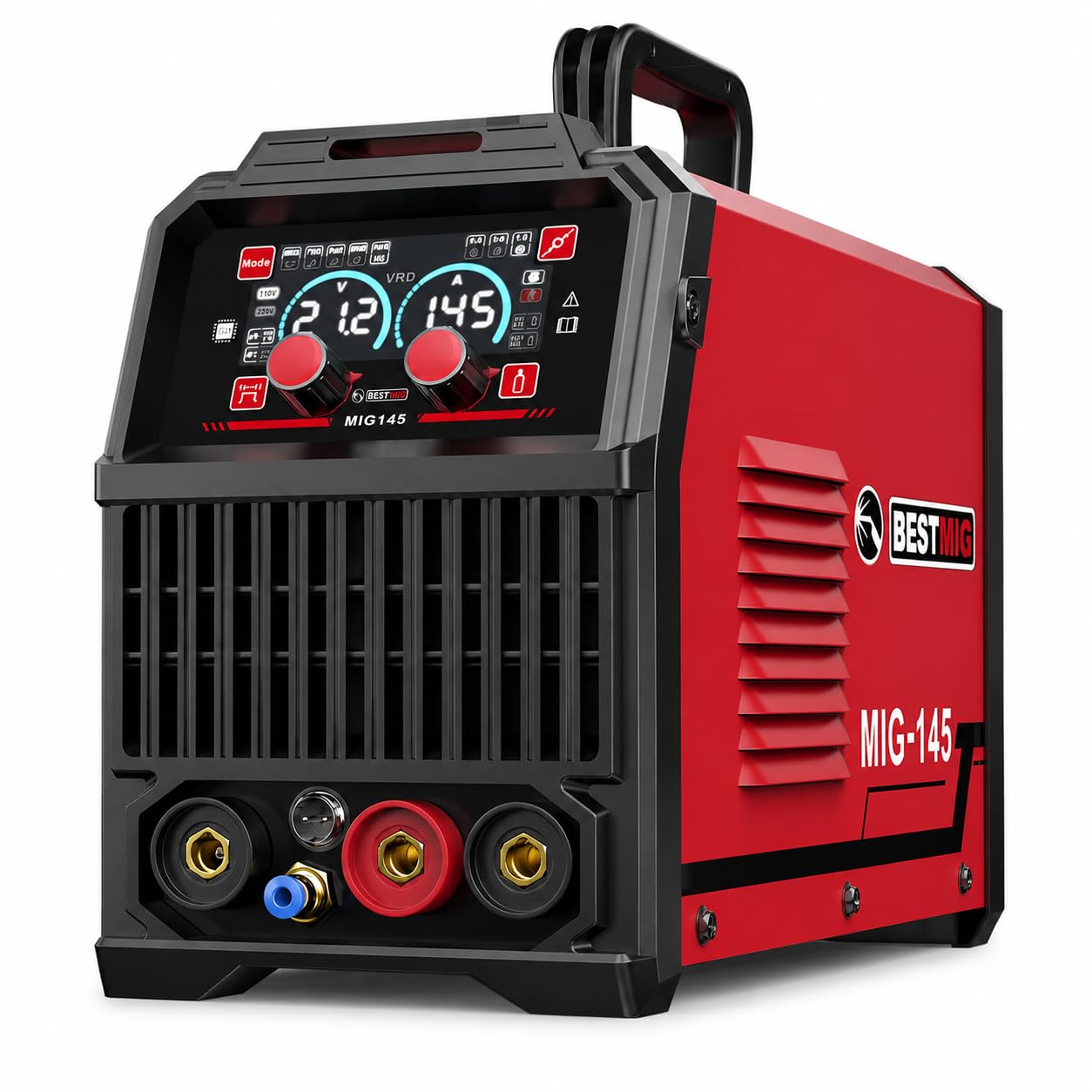 Multi-Process Welder BESTMIG 145A – 4-in-1 MIG/TIG/MMA/Stick Welding Machine, 110V/220V, Gas & Gasless Flux Core, Synergy IGBT Inverter, Welding Helmet & Gloves Included