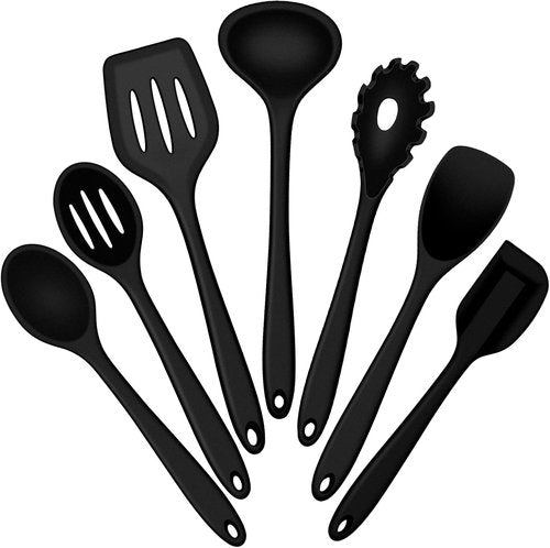 E-far Silicone Cooking Utensils Set - 7-Piece Heat Resistant Nonstick Kitchen Tools | Black, Non-Toxic & Dishwasher Safe
