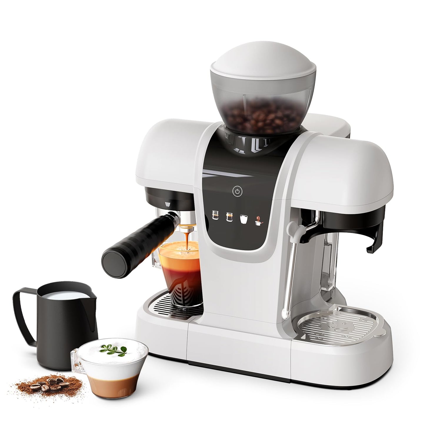 20 Bar Espresso Machine with Grinder & Steam Wand - Semi Automatic Coffee Maker, NTC Intelligent Temp Control, 58mm Stainless Steel Portafilter, One-Touch Panel for Home Barista (Removable Water Tank)