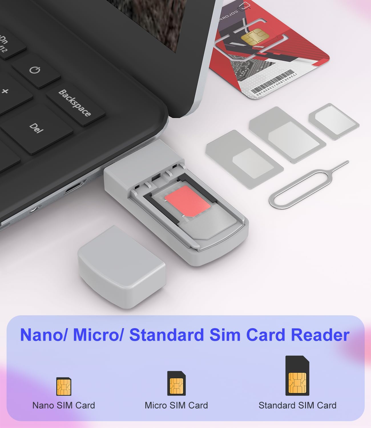 Bawanfa USB SIM Card Reader - Sim Card Adapter Kit with Eject Pin - Micro/Nano/Standard Sim Card Readers - USB to Sim