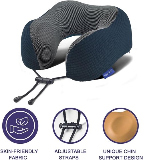 Napfun Neck Pillow - Memory Foam Travel Pillow with Pouch, Sleep Mask & Earplugs | Deep Blue Striped Kit