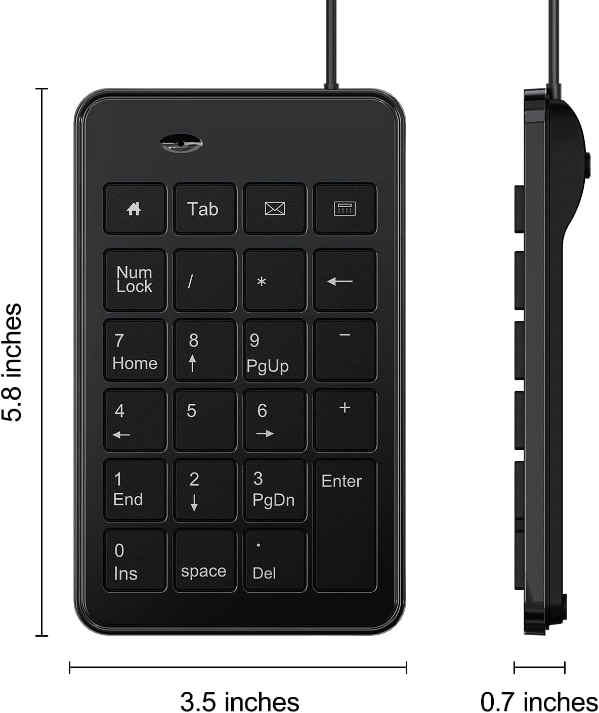 CBUS 23 5ft Wired USB-A Numeric Keypad for Laptop, Keys Numpad Keyboard with Tab, Home, Email & Calculator Keys, Cable