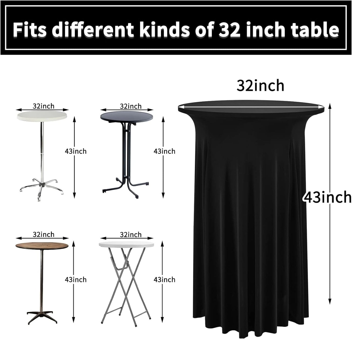 REWOMC 8 Packs Round Cocktail Table Skirt 32"x 43" Spandex Stretch Cocktail Tablecloth with Wavy Drapes, Black Spandex Fitted High Top Table Covers for Wedding Bar Party Birthday Banquet Table