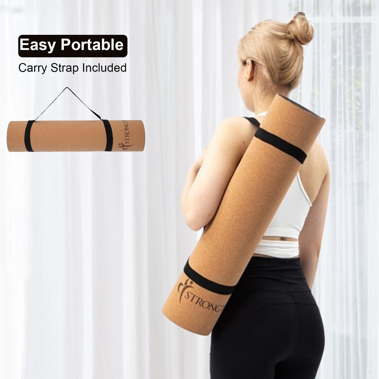 StrongTek Cork Yoga Mat, Non-Toxic & Eco-Friendly, 7mm Thick with Non-Slip Cork + TPE Surface, 72"x24", for Hot Yoga, Pilates & Home Fitness, Lightweight Cushioned with Carry Strap