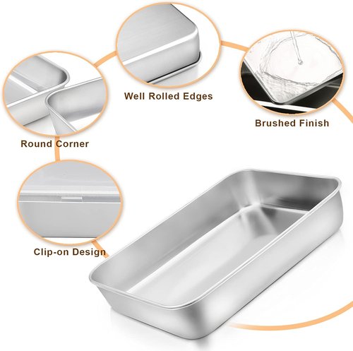 E-far Stainless Steel Toaster Oven Baking Pan Set - 10.4” x 8” x 2” with Lid | Non-Toxic & Dishwasher Safe for Cakes, Brownies, Casseroles - Set of 2