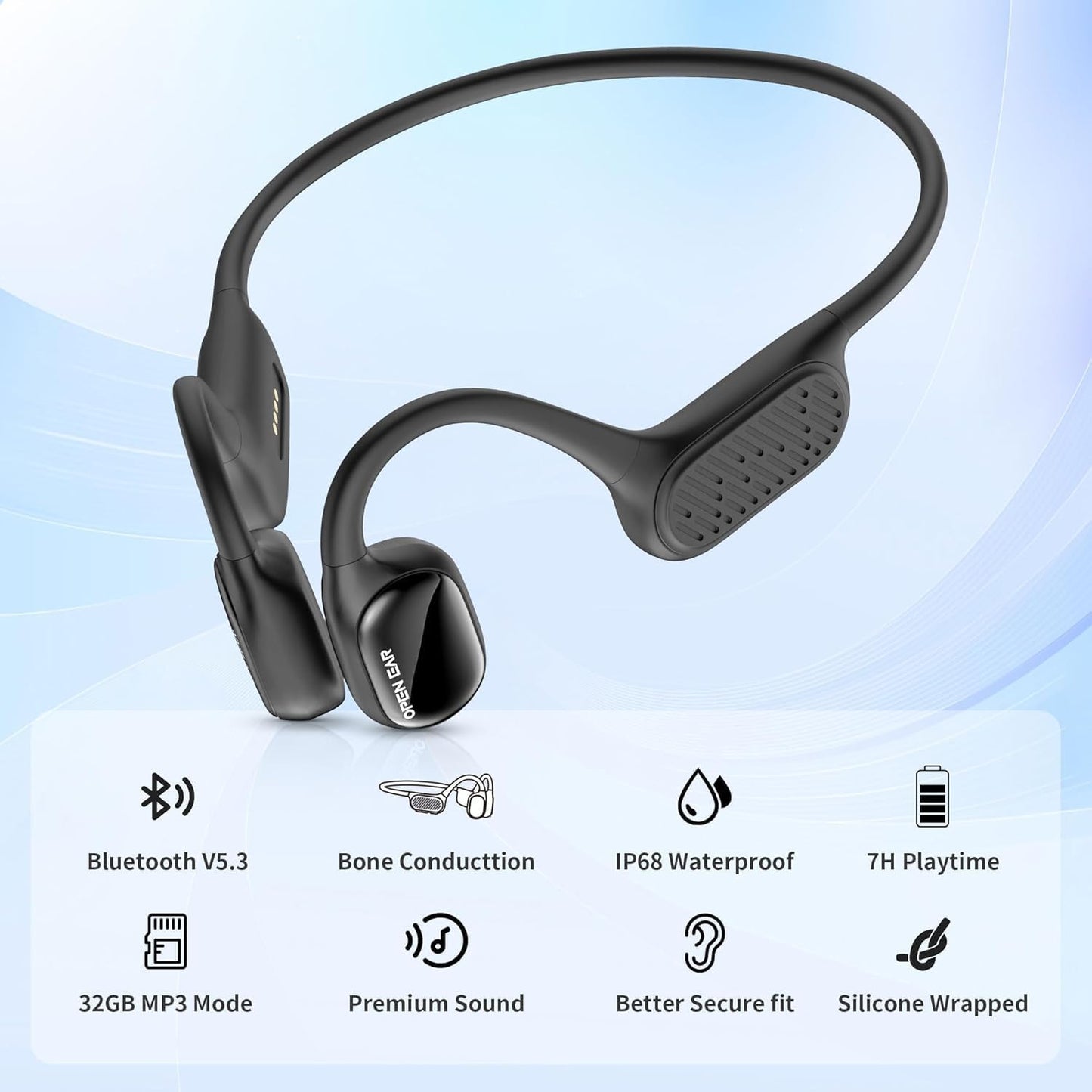 flymory Swimming IPX8 32GB MP3 8 Headset Earbuds Bone Conduction Wireless Bluetooth Headphones Waterproof Underwater