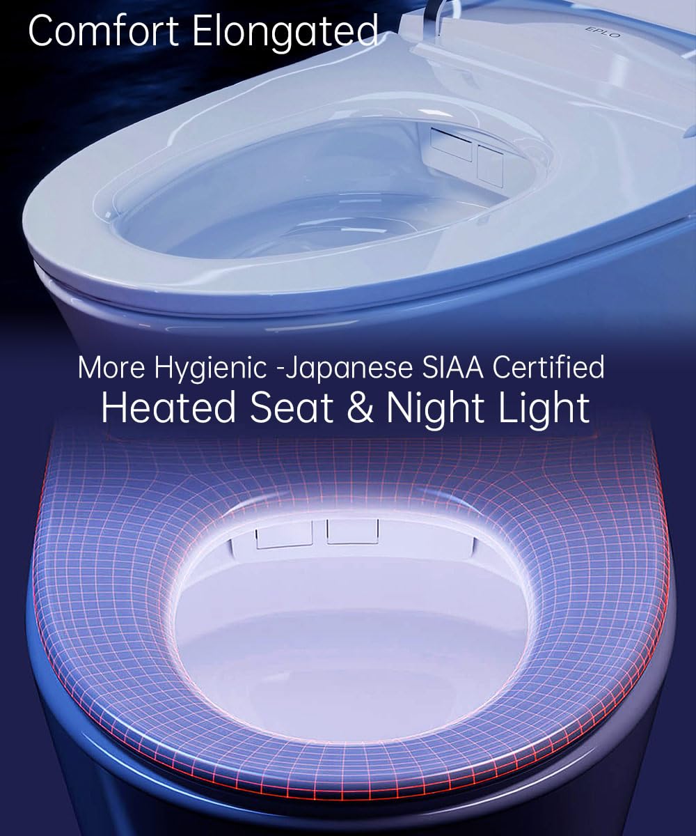 EPLO Smart Toilet with Powerful Flush, Auto Open/Close,Foam Shield, Elongated Heated Seat, ADA Comfort Height Bidet Toilet,Instant Warm Water&Dryer,Temp Display - iX7-PRO