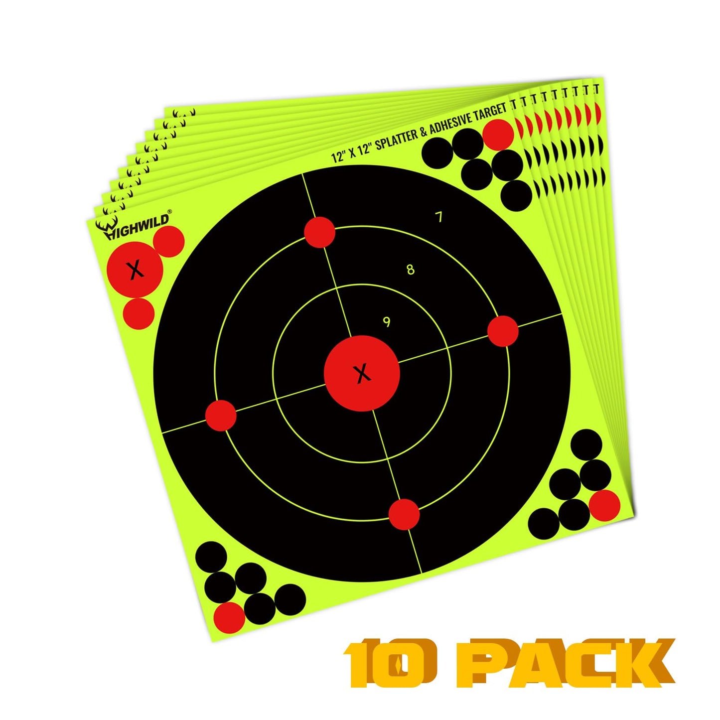 Highwild 12X12 Inch Splatter Adhesive Bullseye Fluorescent Yellow Shooting Target Stickers - Suitable for Handguns, Rifles, BB Guns, Airsoft, Pellet Guns - 10 Pack