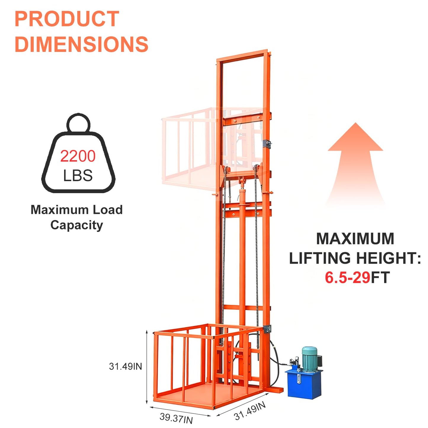 Hydraulic Freight Elevator System, 2200lbs 1-Ton Electric Cargo Lift Platform, Wall-Mounted Rail Guide VRC Mezzanine Hoist with 2500W Pump for Warehouse, Factory, Home Garage (19.7FT Lifting Height)
