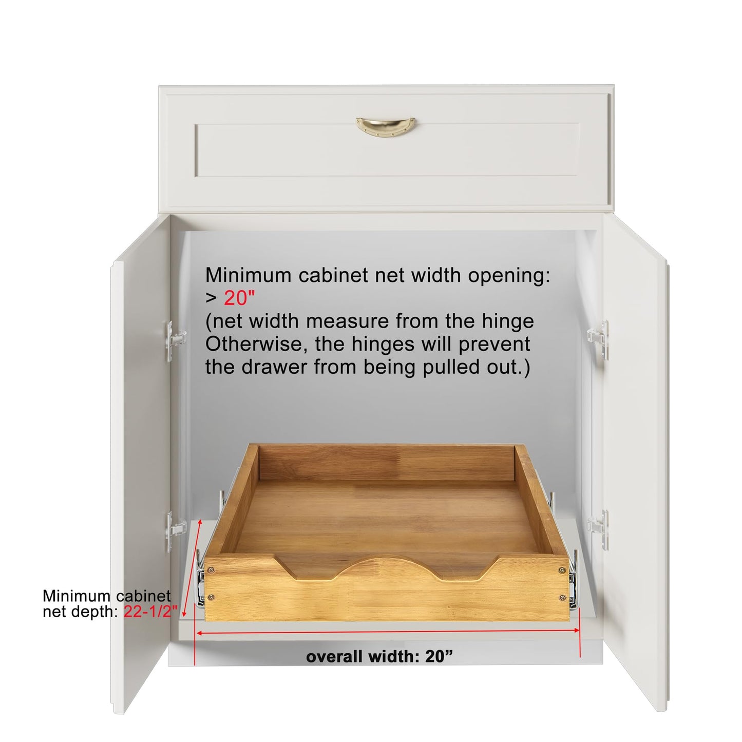 DINDON 1 Tier Pull Out Cabinet Organizer (20" W x 21" D) Single Tier Heavy Duty Slide Out Wood Drawer Under Sink Shelf Organization Storage