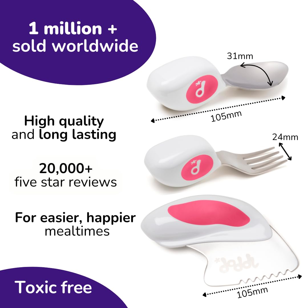 doddl Toddler Utensils, Ergonomic Fork Spoon and Knife Set for Self Feeding, Stainless Steel Silverware for 1-3 Year Olds, BPA Free, Dishwasher Safe (Magenta)