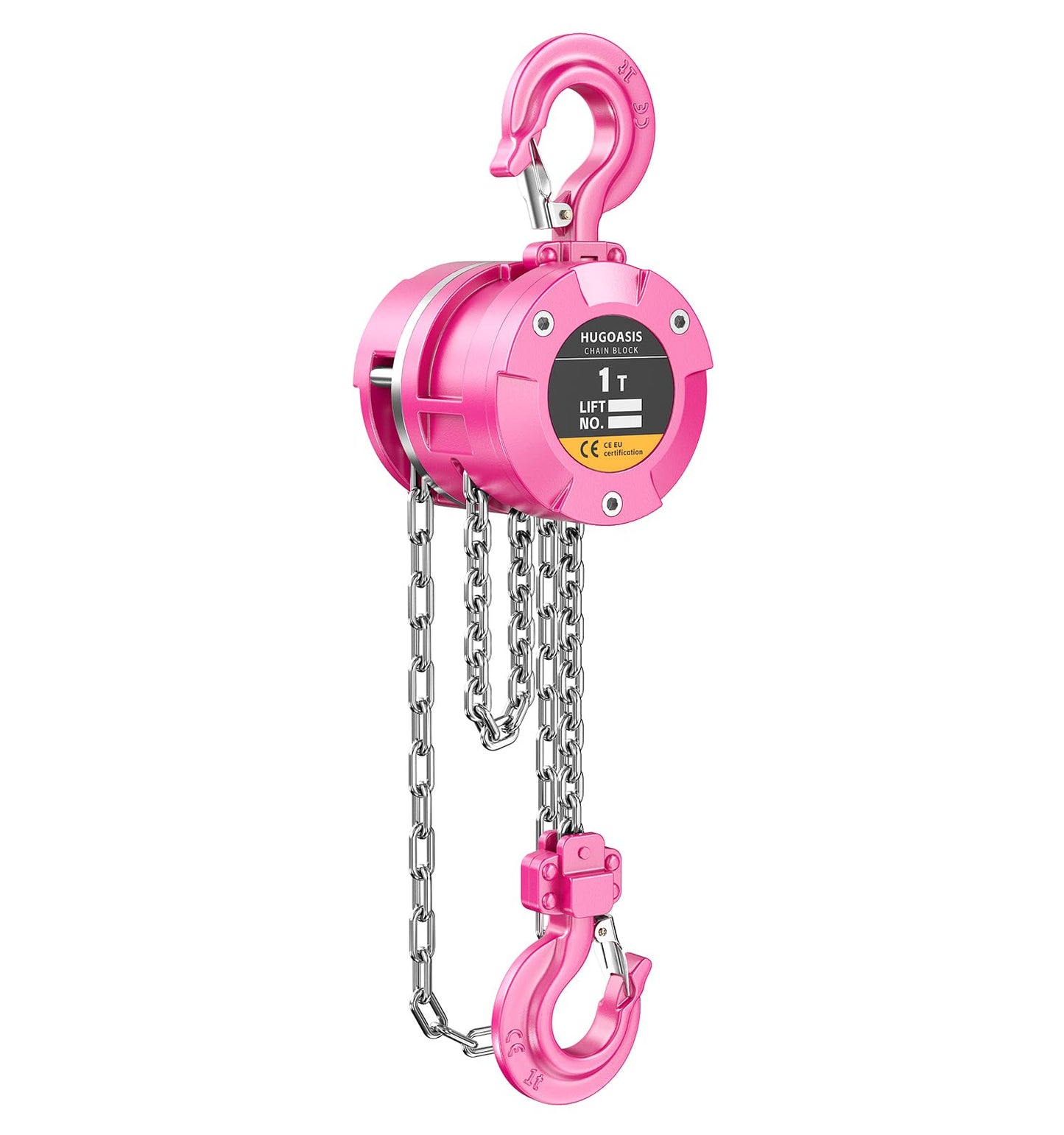 HUGOASIS Aluminum Alloy Hand Chain Hoist 1 Ton 2200lbs Capacity 10ft,Portable Dual Brake Chain Block with Galvanized Chain, 360° Swivel Hook for Garage Warehouse Construction, Workshop Lifting,Pink