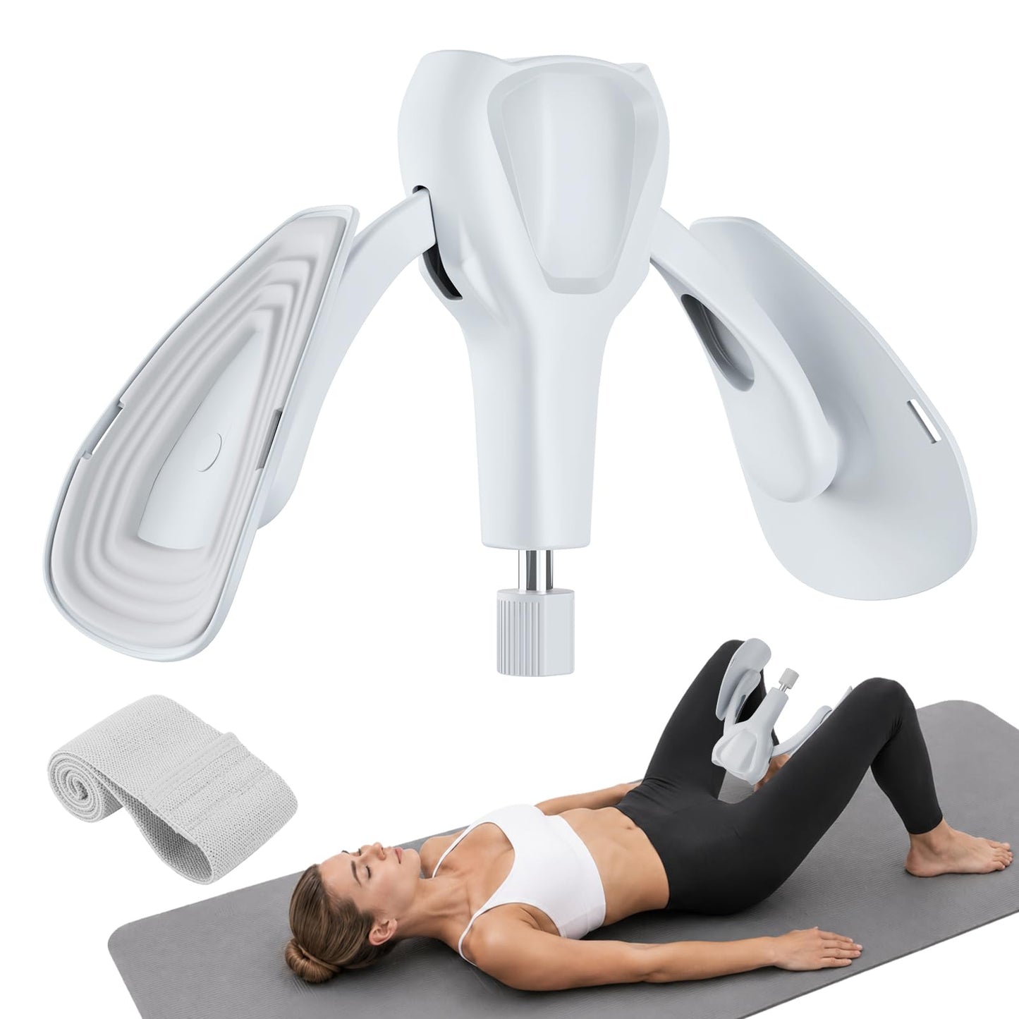 Pelvic Floor Exercise Devices 77 lb Adjustable Kegel Inner Thigh Exerciser and Hip Trainer Workout Equipment for Home Postpartum Recovery Women Men, with Band, Grey