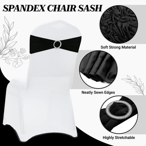 MDS Premium Spandex Chair Sashes - Stretchy Bow Covers with Buckle Slider | Universal Fit - Black (Pack of 25)