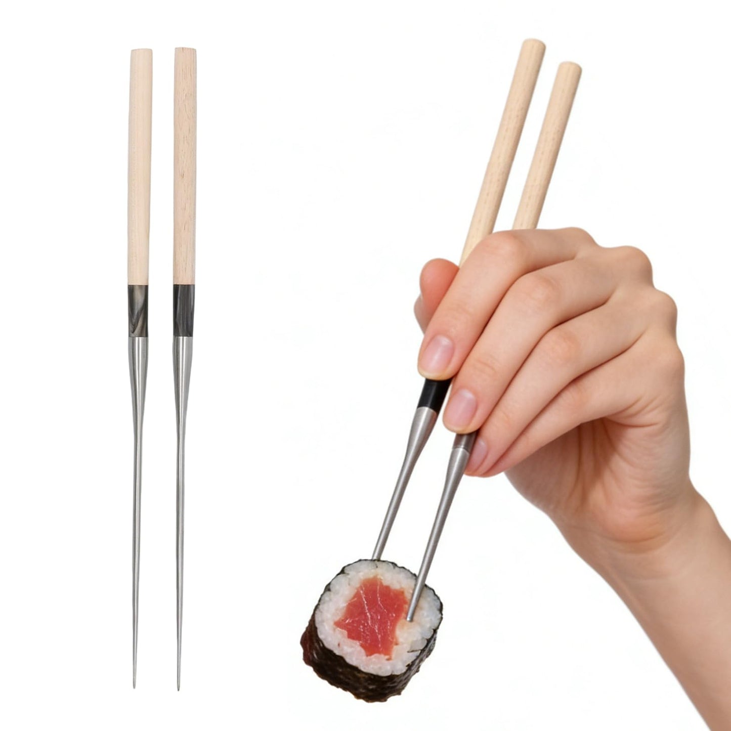 Sushi Chopsticks, 12.4in Stainless Steel Cooking Chopsticks with Wood Handle, Reusable Chop Sticks Dishwasher Safe for Frying, Hot Pot, Noodles and Japanese, Korean, Chinese Foods
