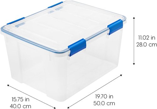 IRIS USA WeatherPro 44 Qt Storage Bins - BPA-Free Plastic with Tight Latch & Seal, Stackable | Clear/Blue, 2 Pack