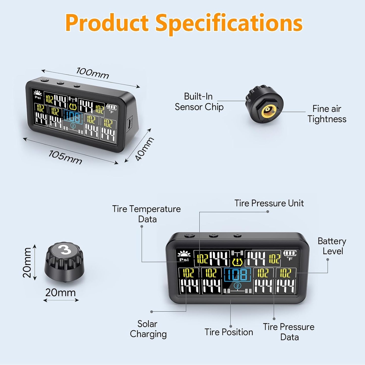 GEARGO 𝟐𝟎𝟐𝟔 𝐔𝐩𝐠𝐫𝐚𝐝𝐞𝐝 Tire Pressure Monitoring System, TPMS with Solar & USB-C Dual Charging, 4 External Sensors (0–99 PSI), 6 Alarm Modes, Color LCD Display for RV/Trailer/Truck/SUV