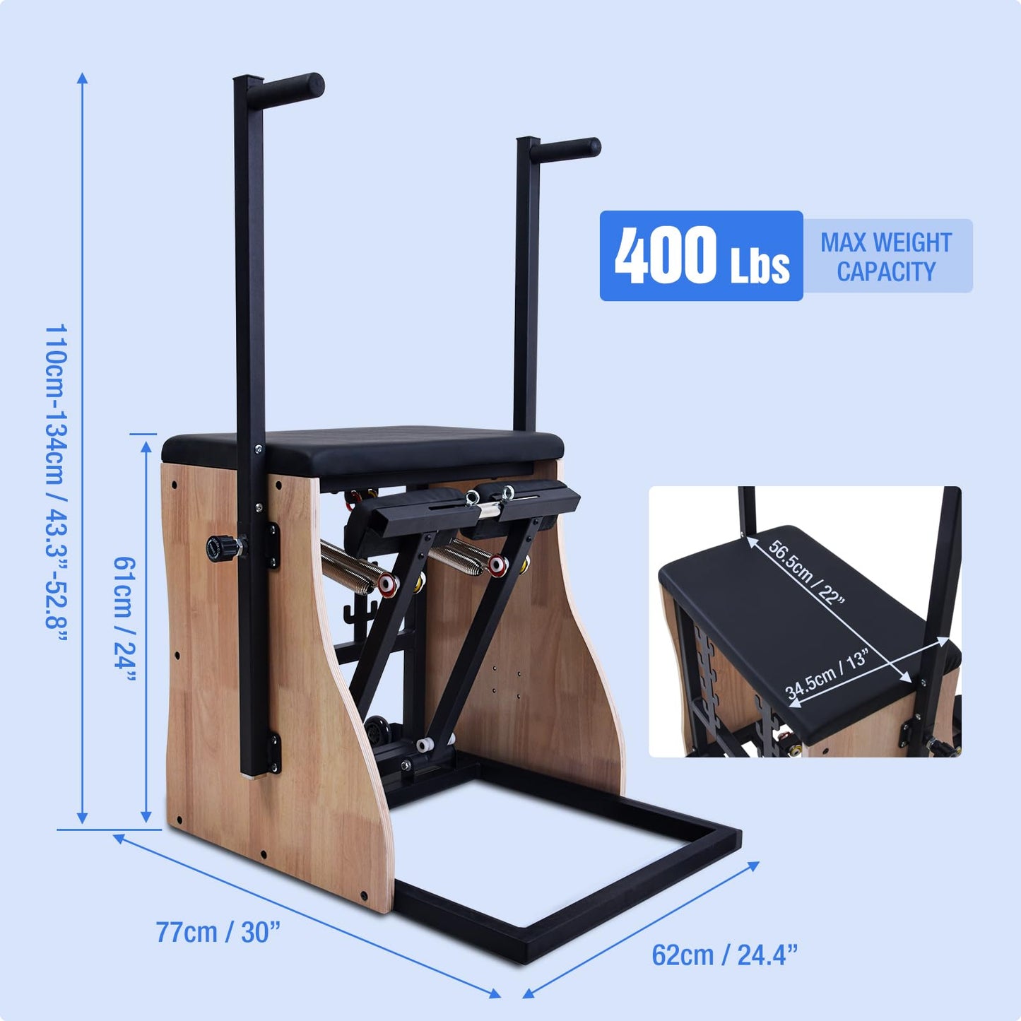 Pilates Chair Wunda Chair Pilates Combo Chair Reformer Machine with Adjustable Resistance Springs Split Pedal Handles Home Gym Equipment for Yoga Core Training Rehabilitation Includes Non-Slip Socks