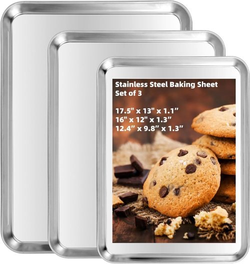Heavy-Duty Stainless Steel Baking Sheet Set by [Brand Name] - 3 Versatile Sizes for Perfect Cookies | 12, 16, 17.5 Inch