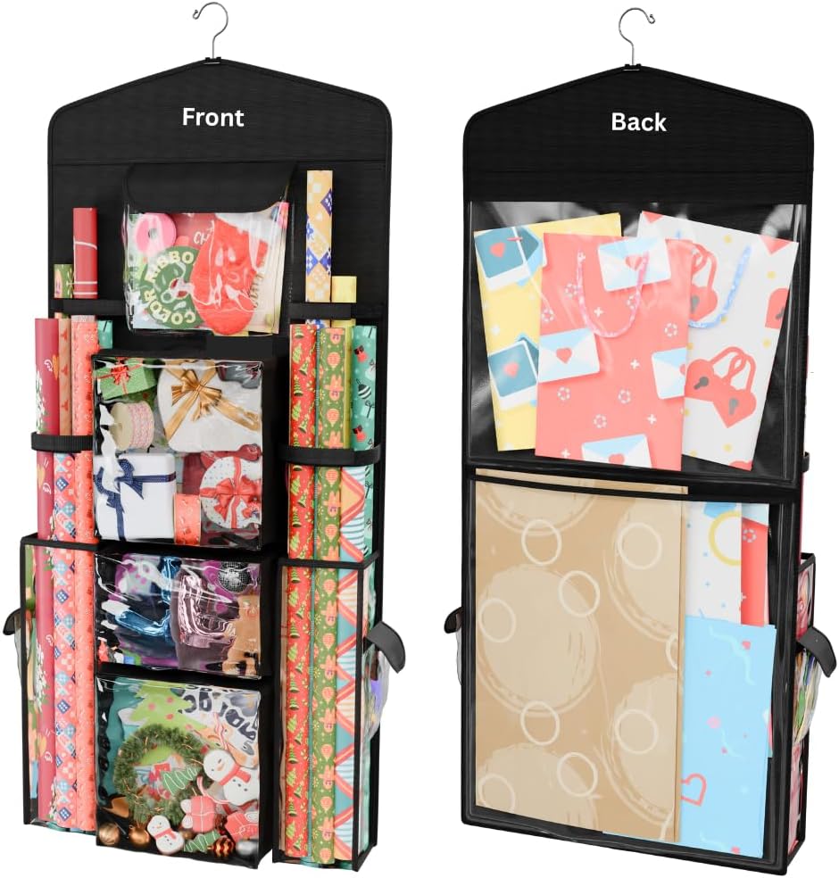 ProPik Wrapping Paper Storage Organizer - Double-Sided Design with Multiple Pockets | 40" x 17" Clear PVC Bag (Black)
