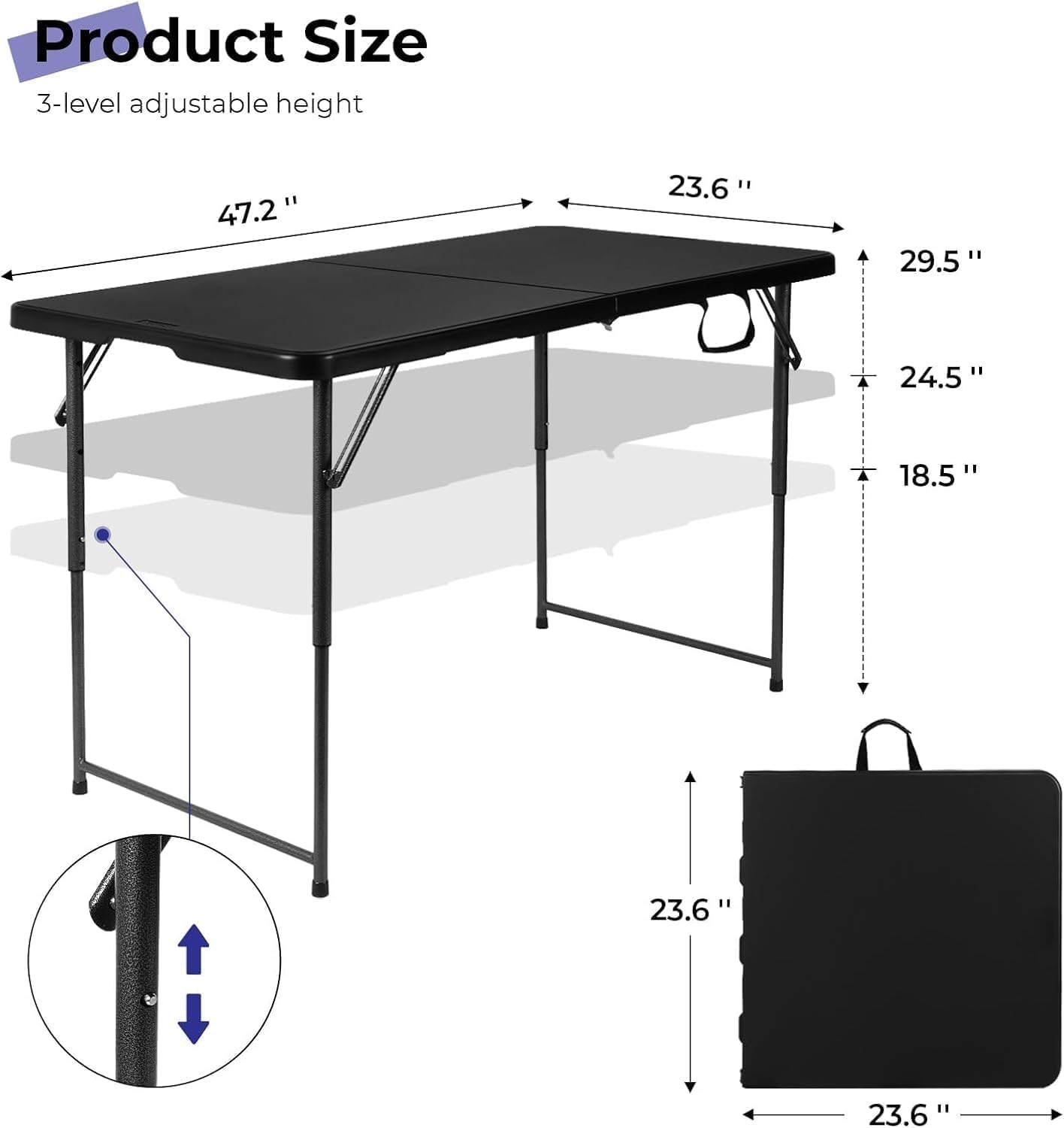 Skiennix 4-Foot Folding Table - Adjustable Height 22-30 Inches | Heavy-Duty Portable Plastic Table for Indoor & Outdoor Use
