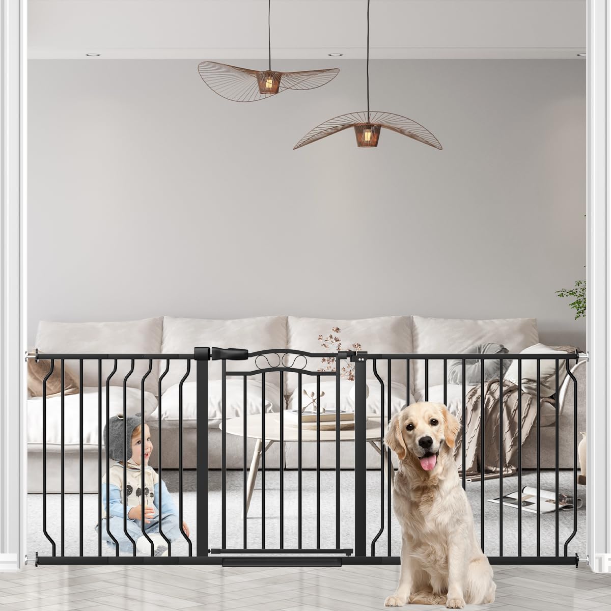 67.3-81.1" Extra Wide Baby Gate for Stairs No Drilling, 30" Tall Auto Close Press Mounted Baby Gate for Doorways, Adjustable Width Walk Through Long Gates for Kids or Pets, Black