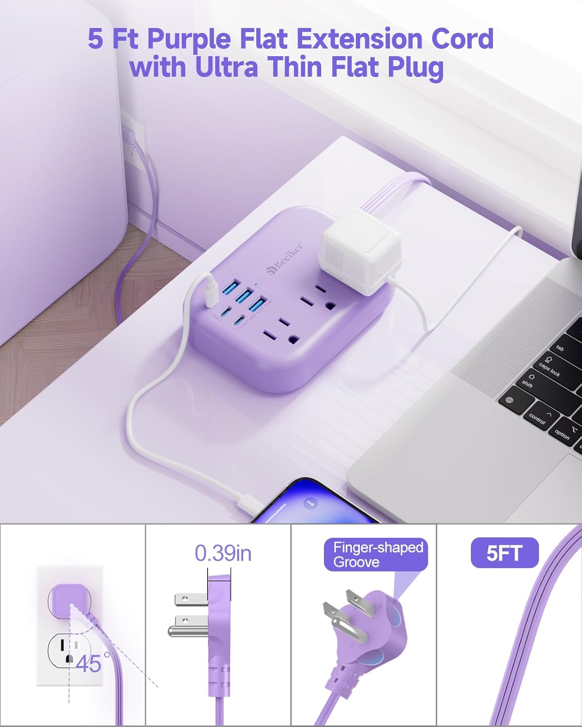 Beeiker 6 USB(3 5Ft 24W 3 USB C) Purple Travel Power Strip- Purple Extension Cord with USB Charging Station